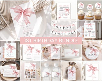 Pink Bow Birthday Bundle, Girls Birthday Invite | Girls Just Wanna Be ONE, Coquette Bow | Printable Girls 1st Birthday Party Decor Ideas PB1