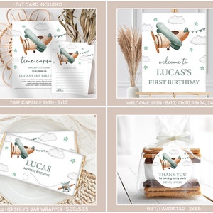 May include: Printable party decorations for a first birthday with a blue and brown airplane theme. The set includes a welcome sign, a time capsule sign, a Hershey's bar wrapper, and a gift tag. The signs feature a watercolor illustration of a blue and brown airplane flying through the clouds with stars and banners.