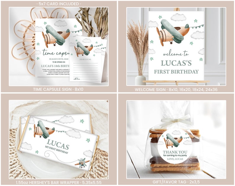 May include: Printable party decorations for a first birthday with a blue and brown airplane theme. The set includes a welcome sign, a time capsule sign, a Hershey's bar wrapper, and a gift tag. The signs feature a watercolor illustration of a blue and brown airplane flying through the clouds with stars and banners.