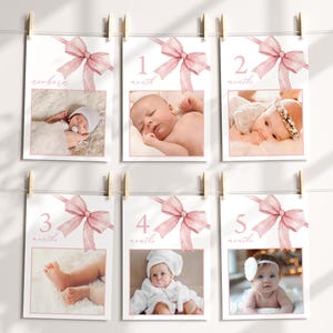 Maandelijks fotobanner, 12 maanden verjaardagsbanner, jaar in foto's | Roze strik, Girls Just Wanna Be ONE, Coquette | Decoratie 1e verjaardag meisjes PB1