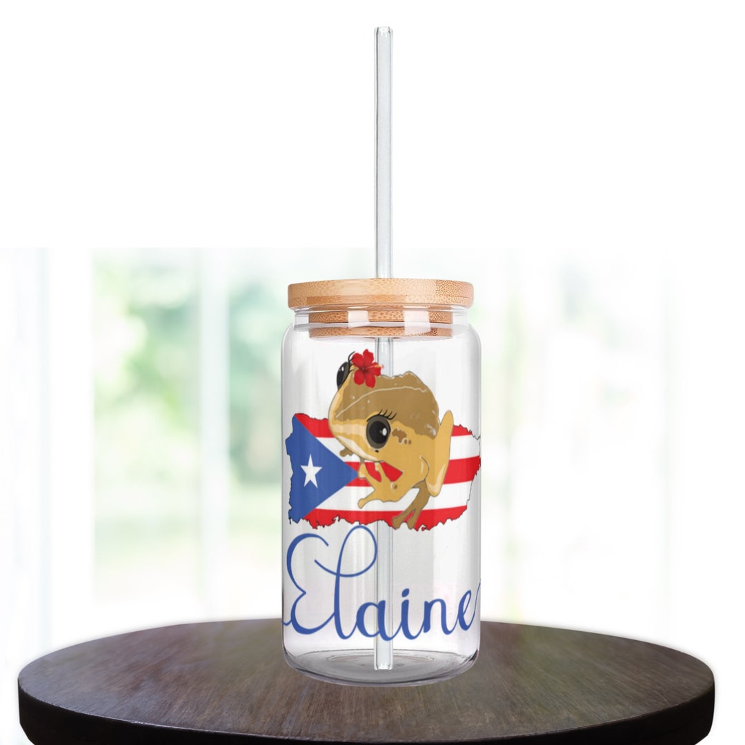 Personalized Puerto Rico Flag With Coqui Glass Cup, 16 Oz Glass Cup