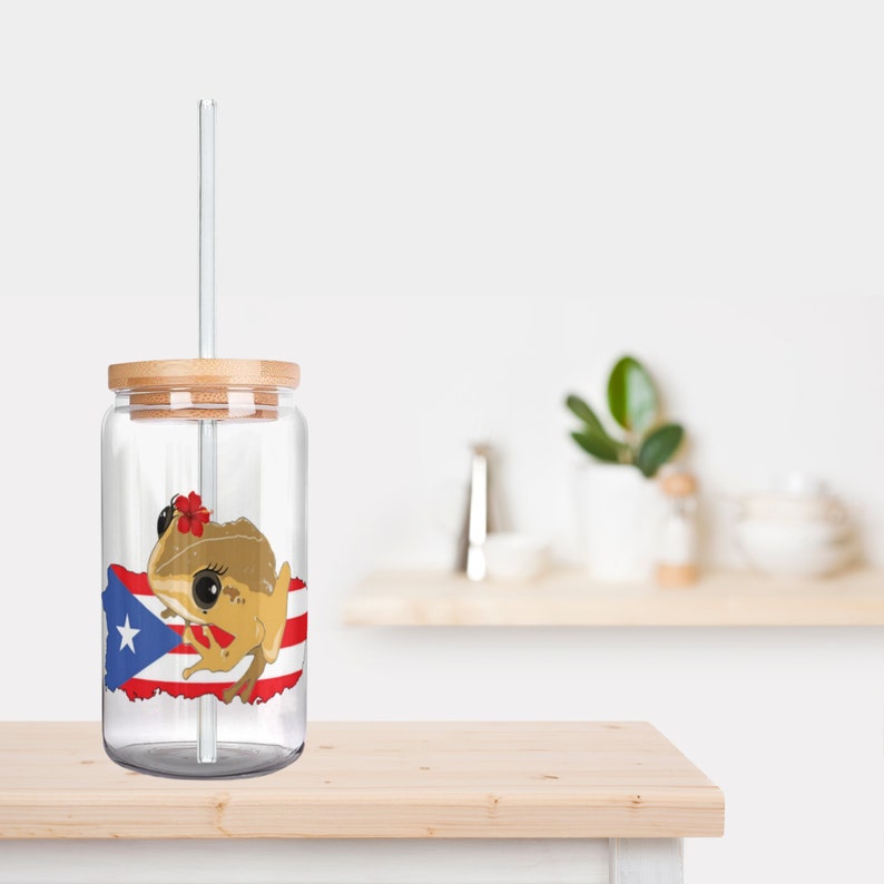 Personalized Puerto Rico Flag With Coqui Glass Cup, 16 Oz Glass Cup