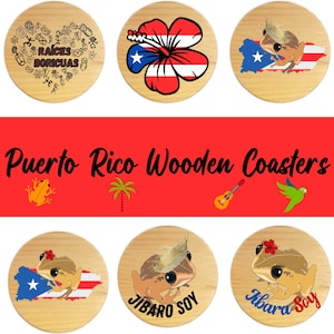 Puerto Rico Coasters, Wooden Drink Coaster, Christmas Gift, Christmas Decor, Jibara, Coqui En La Luna, Puerto Rico Icons, Puerto Rican Flag