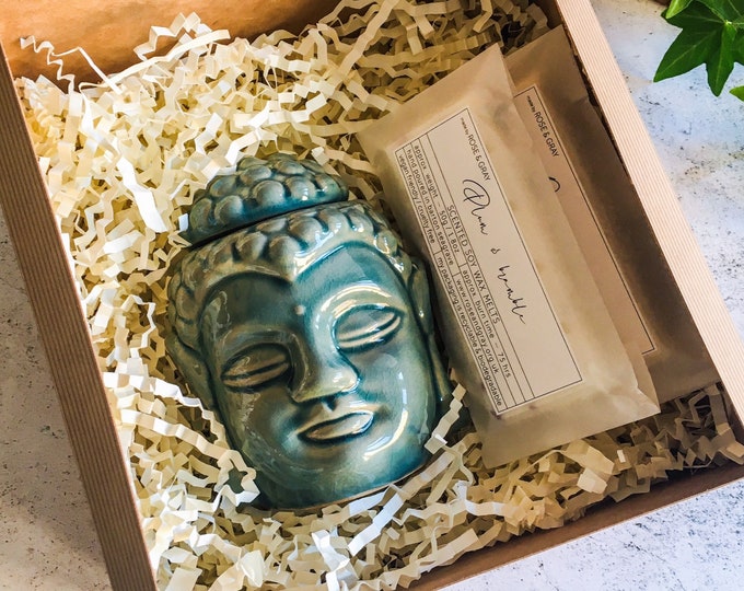Featured listing image: Moss Green Buddha Head Fragrance Burner Boxed Gift Set | Quality Handmade Soy Wax Melt Snap Bars | Starter Set