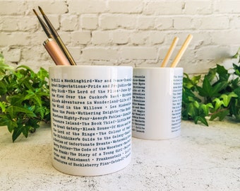 Book Title Printed Ceramic Pencil Pot | Book Worm | Office Desk Tidy | Thank you gift | Teacher Gift | Handmade in UK