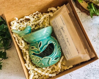 Turquoise Rustic Bird Bath Fragrance Burner Boxed Gift Set | Quality Handmade Soy Wax Melt Snap Bars | Starter Set