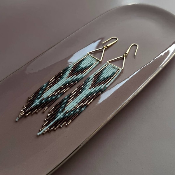 Long Beaded fringe earrings with gold tringle base, boho bohemian teal earrings, statement earrings, jewelry gift