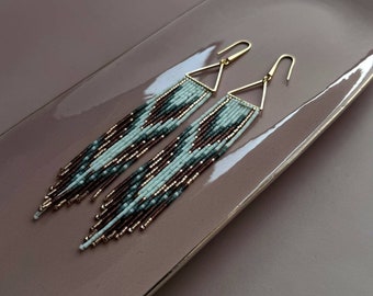 Long Beaded fringe earrings with gold tringle base, boho bohemian teal earrings, statement earrings, jewelry gift