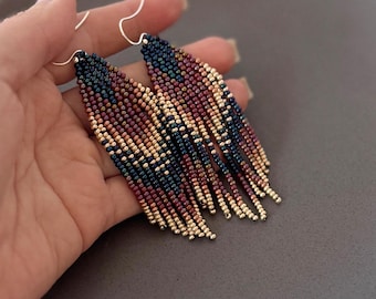 Boho Beaded Fringe Earrings – Blue Burgundy Gold, 3.1", Iridescent Shine
