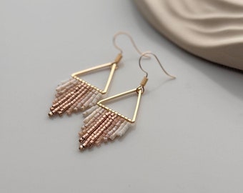 Small Pastel Pink Beaded Earrings with 24K Gold Plated Triangular Base and Gradient Fringe