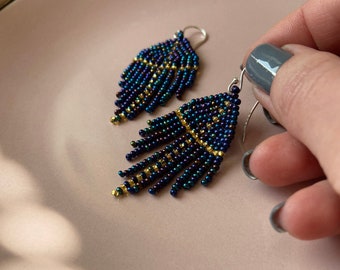 Navy blue earrings with sparkle cross  - Beaded earrings - Fringe dangle earrings - Jewelry gift - Bohemian earrings