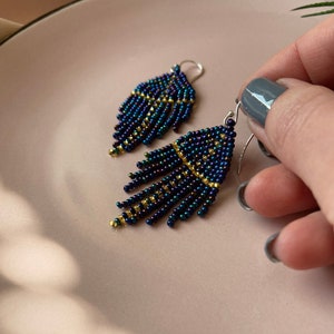 Navy Blue Beaded Fringe Earrings: Sterling Silver Boho Dangle