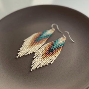 Boho Beaded Fringe Earrings, Turquoise Brown Gradient, Sterling Silver