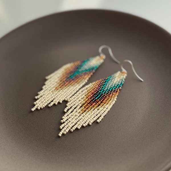 Boho Beaded Fringe Earrings, Turquoise Brown Gradient, Sterling Silver