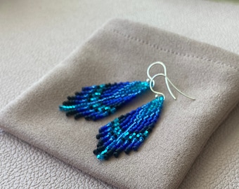 Royal blue beaded earrings - Indigo small dangle earrings - Feather seed bead earrings -  Boho/bohemian/ethnic - jewelry gift