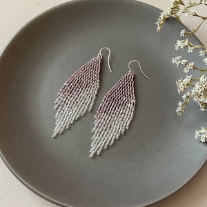 Purple Beaded Fringe Earrings: Sterling Silver Boho Dangle Earrings