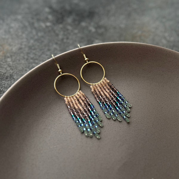 Boho Beaded Fringe Earrings, Czech Glass, 24k Gold Hooks