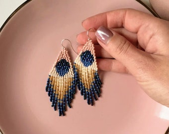 Beaded fringe earrings with navy blue ombre fringe - Boho bohemian hippie jewelry - Gift for her