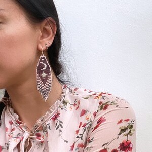 Purple Beaded Fringe Earrings: Sterling Silver Moon Dangle Earrings