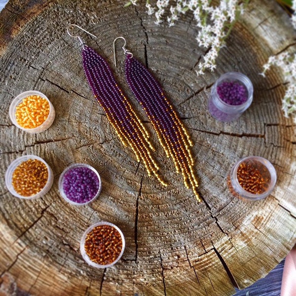 Dangle purple beaded earrings with sparkle ombre fringe - Bohemian jewelry - Gift for her