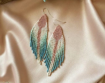 Boho wedding beaded earrings with gradation fringe - pink\ivory\sage\blue western earrings - modern jewelry - Gift for her
