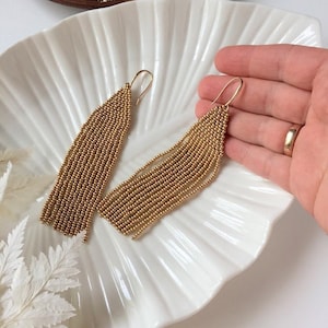 Gold beaded earrings - Long statement earrings - Dangling high quality fringe earrings - boho bohemian western jewelry gift