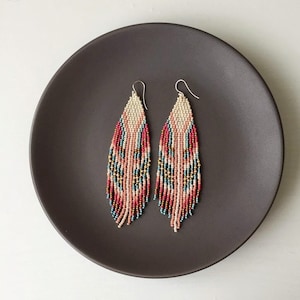 Long boho beaded earrings - Pink dangle fringe earrings - Ethnic bohemian hippie western jewelry - Statement feather earrings