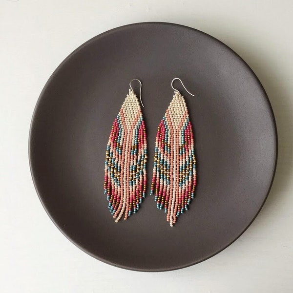 Long boho beaded earrings - Pink dangle fringe earrings - Ethnic bohemian hippie western jewelry - Statement feather earrings