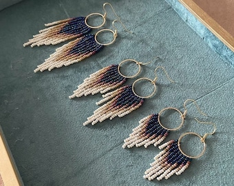 Beaded hoops earrings with navy blue ivory ombre fringe in bohemian style, unique handcrafted jewelry, gift for her