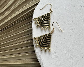 Beaded earrings triangle shape black gold  - unique handwoven jewelry - anniversary gift - high quality earrings