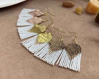 Modern fringe beaded earrings, gold, rose gold and bronze base with white fringe, elegant casual style, dangle statement earrings