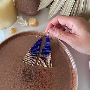 Royal Blue Beaded Fringe Earrings: Boho Czech Glass Jewelry