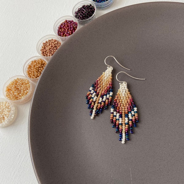 Fringe beaded earrings - Small dangle earrings - Feather seed bead earrings - Native style earrings - Boho/bohemian/ethnic/jewelry gift