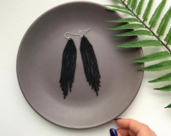 Matte black dangle earrings - Long beaded fringe earrings - Stylish handmade mod earrings - Gothic jewelry - Gift for her