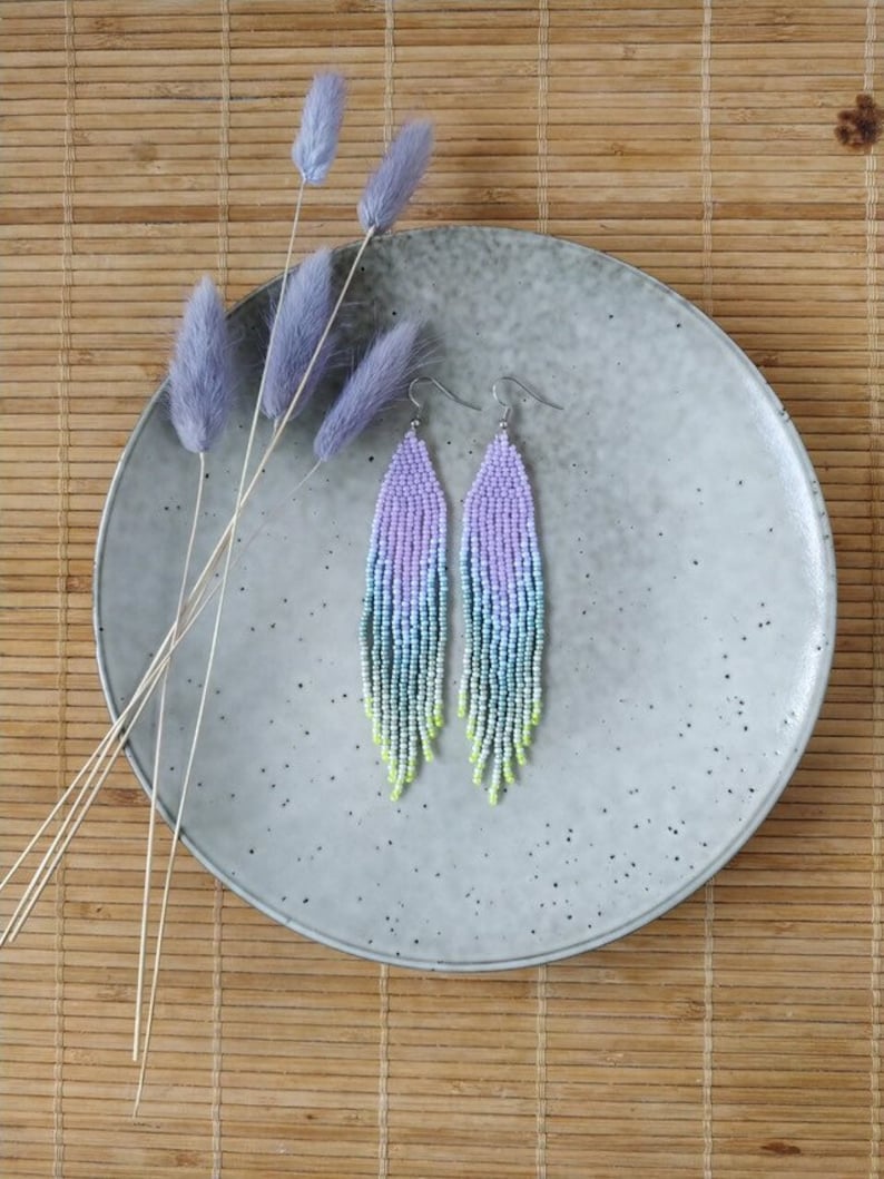 Lavender beaded earrings with sage green ombre fringe image 1