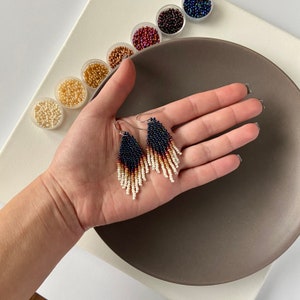 Small navy beaded earrings with ivory fringe Boho bohemian gypsy ethnic stylish jewelry 2 inch earrings Wholesale image 6