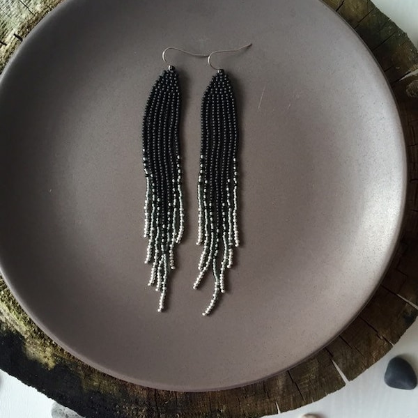 Long black beaded earrings with silver ombre fringe