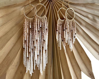 Beige Ombre Beaded Hoop Earrings, Boho Fringe, 24k Gold Hooks