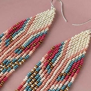 Long boho beaded earrings Pink dangle fringe earrings Ethnic bohemian hippie western jewelry Statement feather earrings image 3