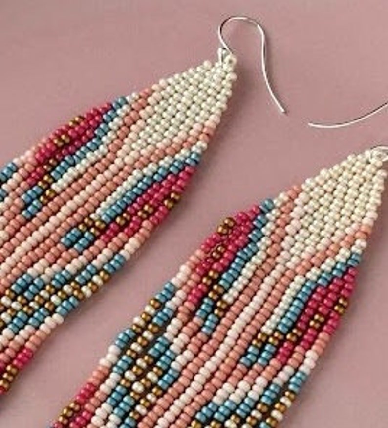 Long boho beaded earrings Pink dangle fringe earrings Ethnic bohemian hippie western jewelry Statement feather earrings image 3