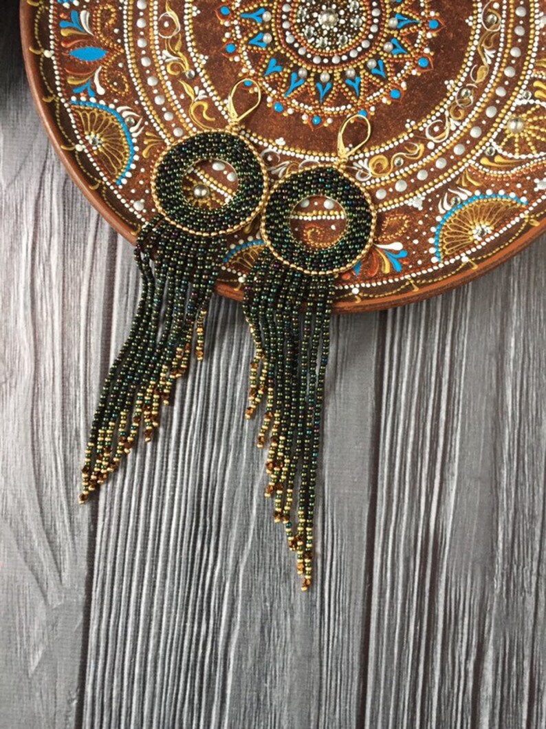 Black beaded hoop dangle earrings.Long fringe hoop Etsy