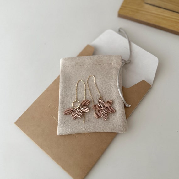Handmade Beaded Flower Earrings: Dusty Rose & Rose Gold, 24K Gold-Plated