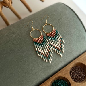 Fringe Beaded Hoops with Vibrant Turquoise & Burnt Orange Accents (Unique, High-Quality Dangle Earrings)