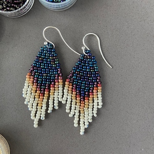 Small navy beaded earrings with ivory fringe Boho bohemian gypsy ethnic stylish jewelry 2 inch earrings Wholesale image 7