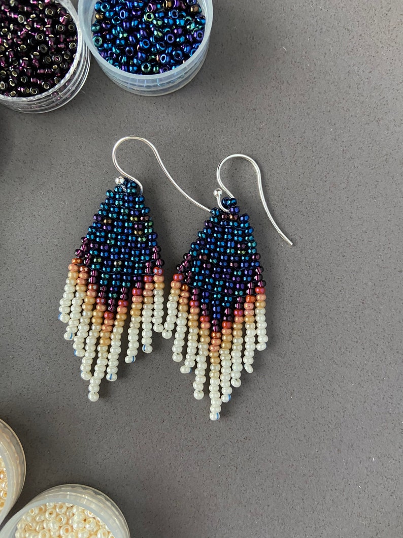 Small navy beaded earrings with ivory fringe Boho bohemian gypsy ethnic stylish jewelry 2 inch earrings Wholesale image 7