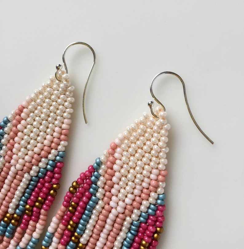 Long boho beaded earrings Pink dangle fringe earrings Ethnic bohemian hippie western jewelry Statement feather earrings image 8