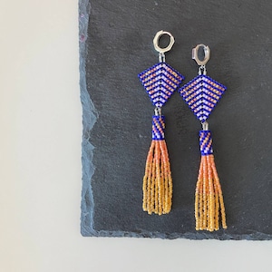 Royal Blue Tassel Earrings: Orange Ombre Beaded Boho Jewelry
