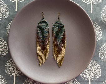 Long green ombre beaded earrings.Bronze fringe boho\feather\tassel earrings.Boho chic jewelry.Statement earrings.long unique earrings