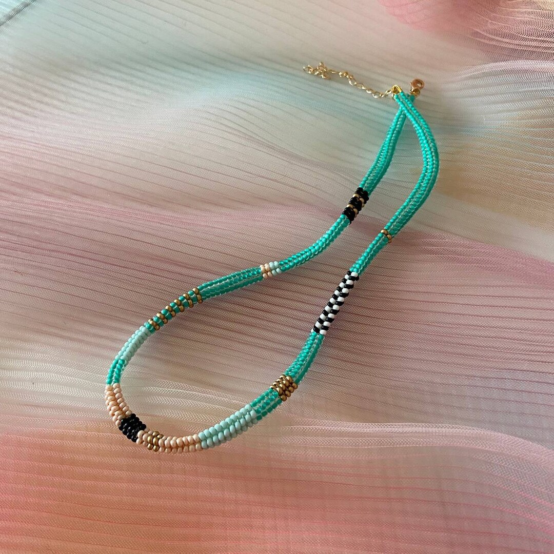 Green Beaded Choker with Moon Charms