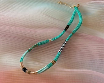 Green Beaded Choker: Handwoven Czech Glass Beads, Boho Jewelry